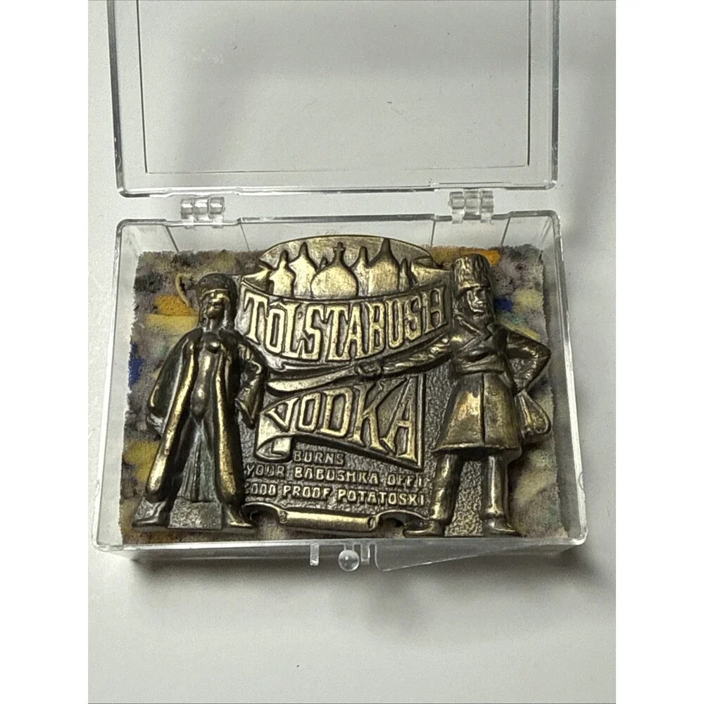 Vintage 1970s Tolstabush Vodka Brass Belt Buckle Excellent Vintage Novelty Humor